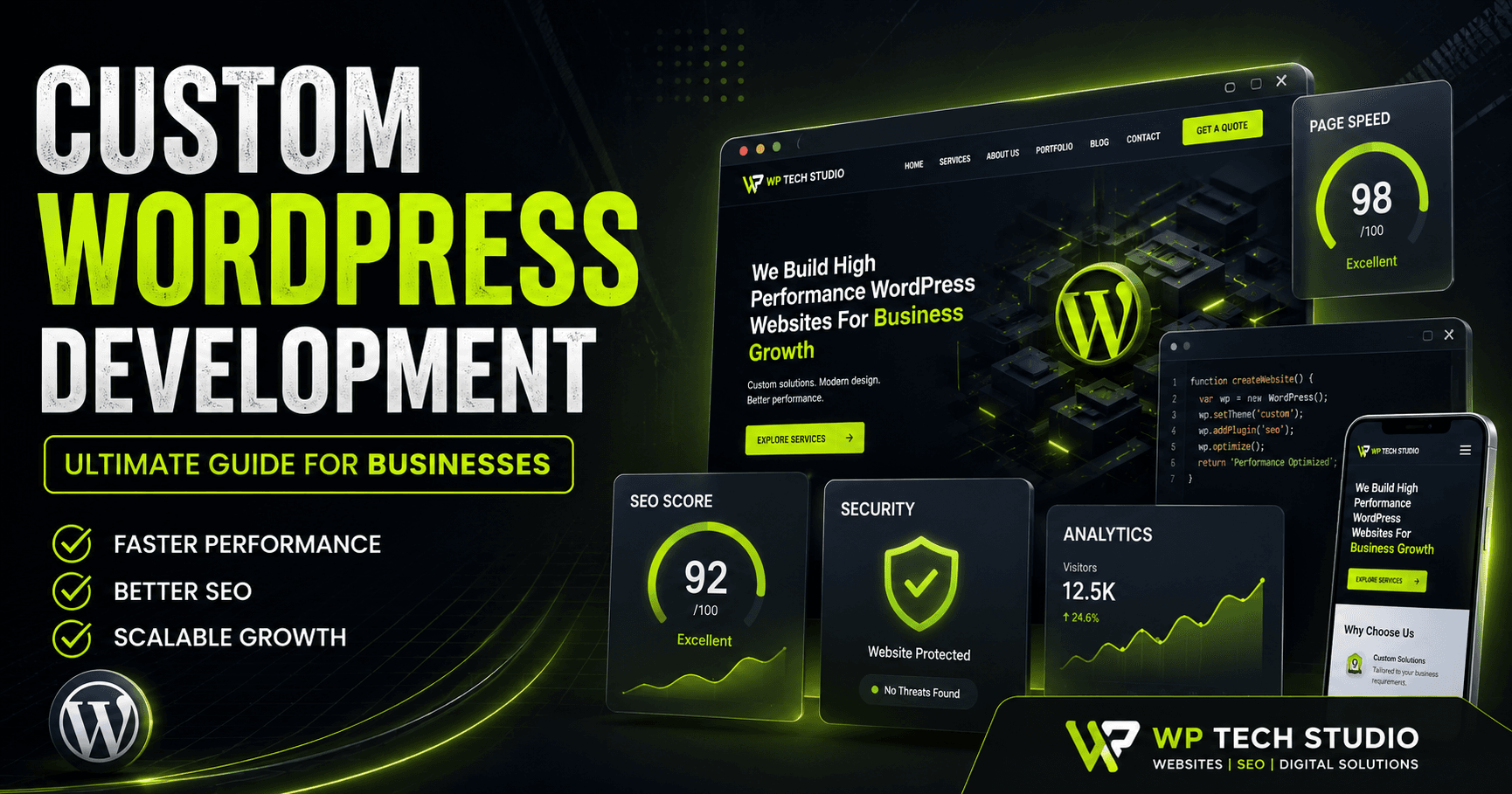 Custom WordPress Development for Businesses featuring website performance optimization, SEO improvements, security enhancements, and scalable WordPress website solutions by WP Tech Studio.